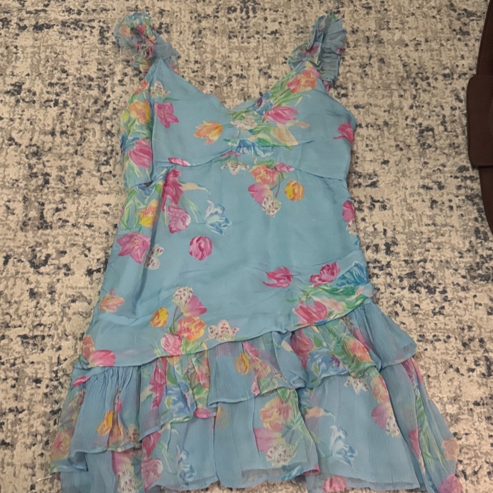 LoveShackFancy Blue Floral Ruffle Mini Dress